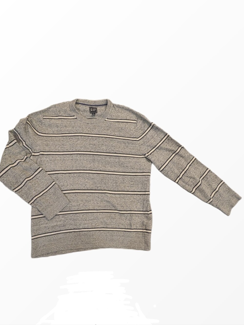 GAP Men’s Grey Crewneck Sweater with Black and Cream Stripes